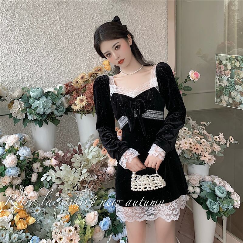 レースステッチベルベットボウ長袖ドレス女性の2020年秋新しい黒のショートスカートタイトスカート ブラックストロベリース5400647776