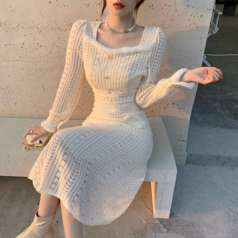 オータムウィンタースタイルカラーレースドレス エレガント 秋物 冬物 スクウェア ドラファッションホール35683227967