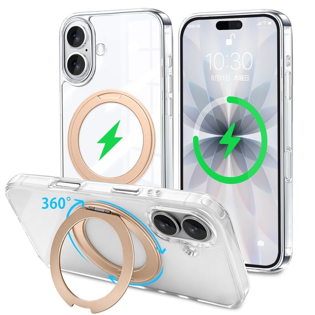 bjnosdv for iPhone17 ケース 透明 MagSafeに対応 リング360°回転スタンド機能 縦横両対応(ピンクゴールド)