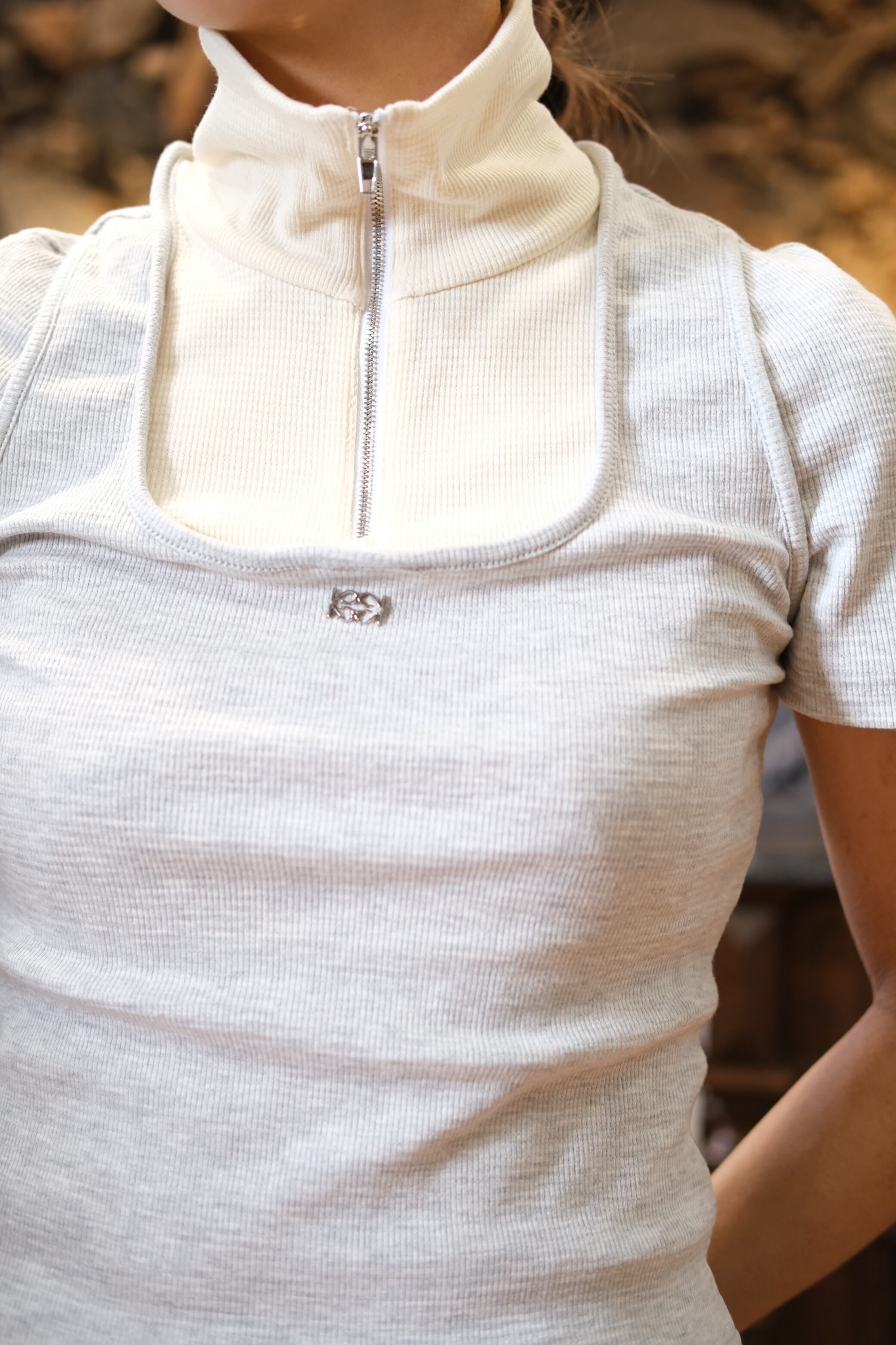 Kijun】Square Half Zip-up Top - grey/creaw - | Pay ID