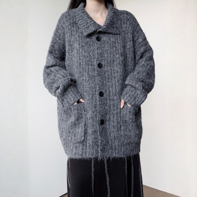 Asymmetric button fuzzy knit cardigan C1646