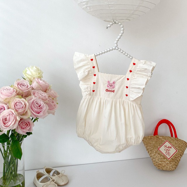 【BABY】うさぎ刺繍ハートフリル袖スクエアネックロンパース - 13