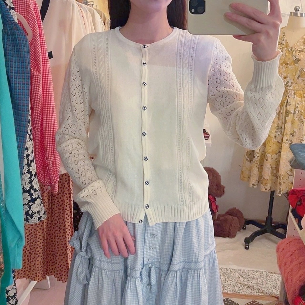 blue gingham check button cardigan