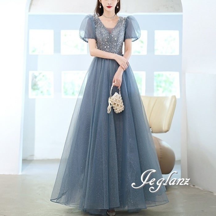 2色 パーティ ドレス 肌透け 背中 編み上げ ロング丈/イブニング(M4621)ζ