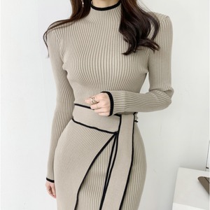 スタンドアップカラー長袖ニットワンピース 【MKOP33】