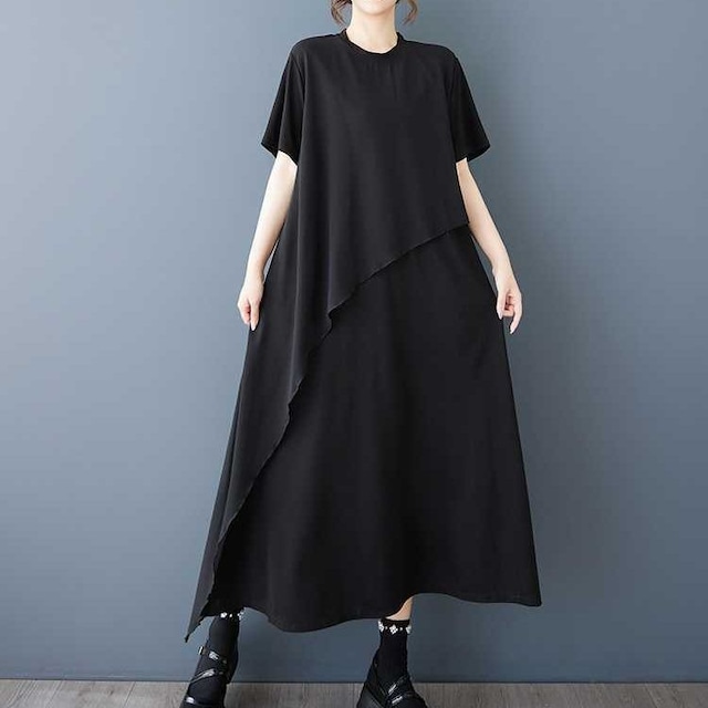 ASYMMETRIC MESH PANEL LOOSE SHORT SLEEVE DRESS M-17772