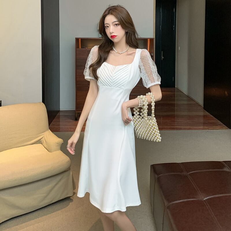 カラースリーブAラインスカート レースウェストドレス レディース スクウェア ハンチェンe27129069230