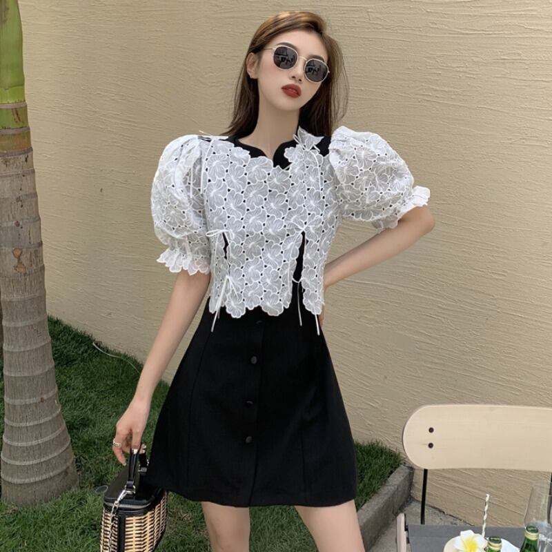 レースウェストAライン薄手ドレス レディース ステッチ ハンチェンe44751946972