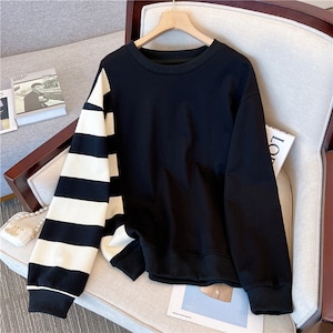 BLACK STRIPE STITCH ROUND NECK SWEAT SHIRT 1color M-7762