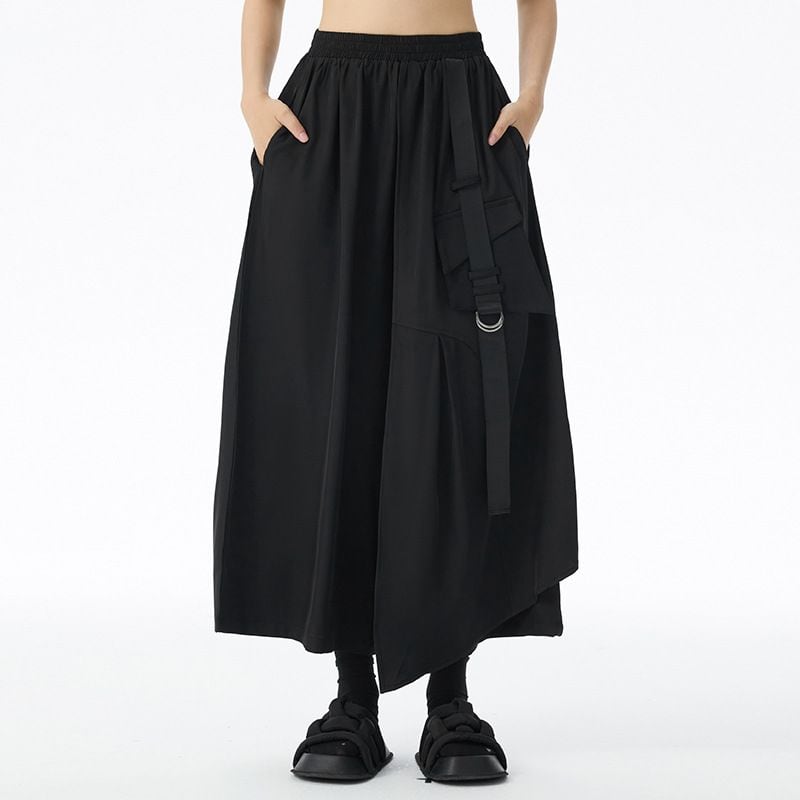 BLACK WIDE LEG CROPPED DESIGN PANTS 1color M-15136