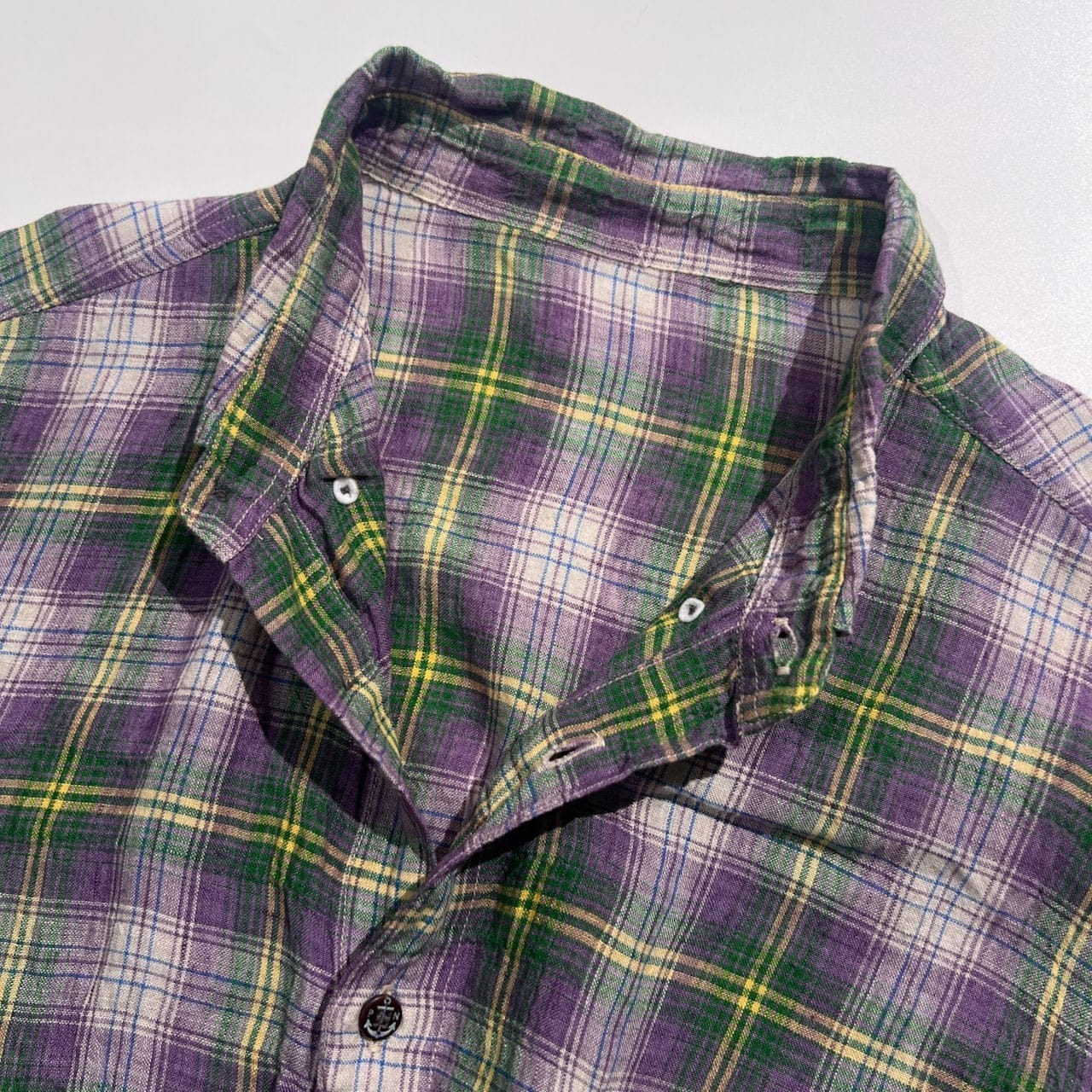 PAPAS パパス マドラスチェック リネン BD 長袖シャツ M/パープル