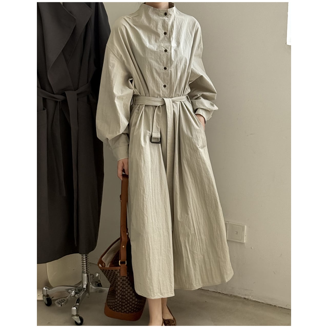 スタンドカラーベルト付きシャツワンピース 01181