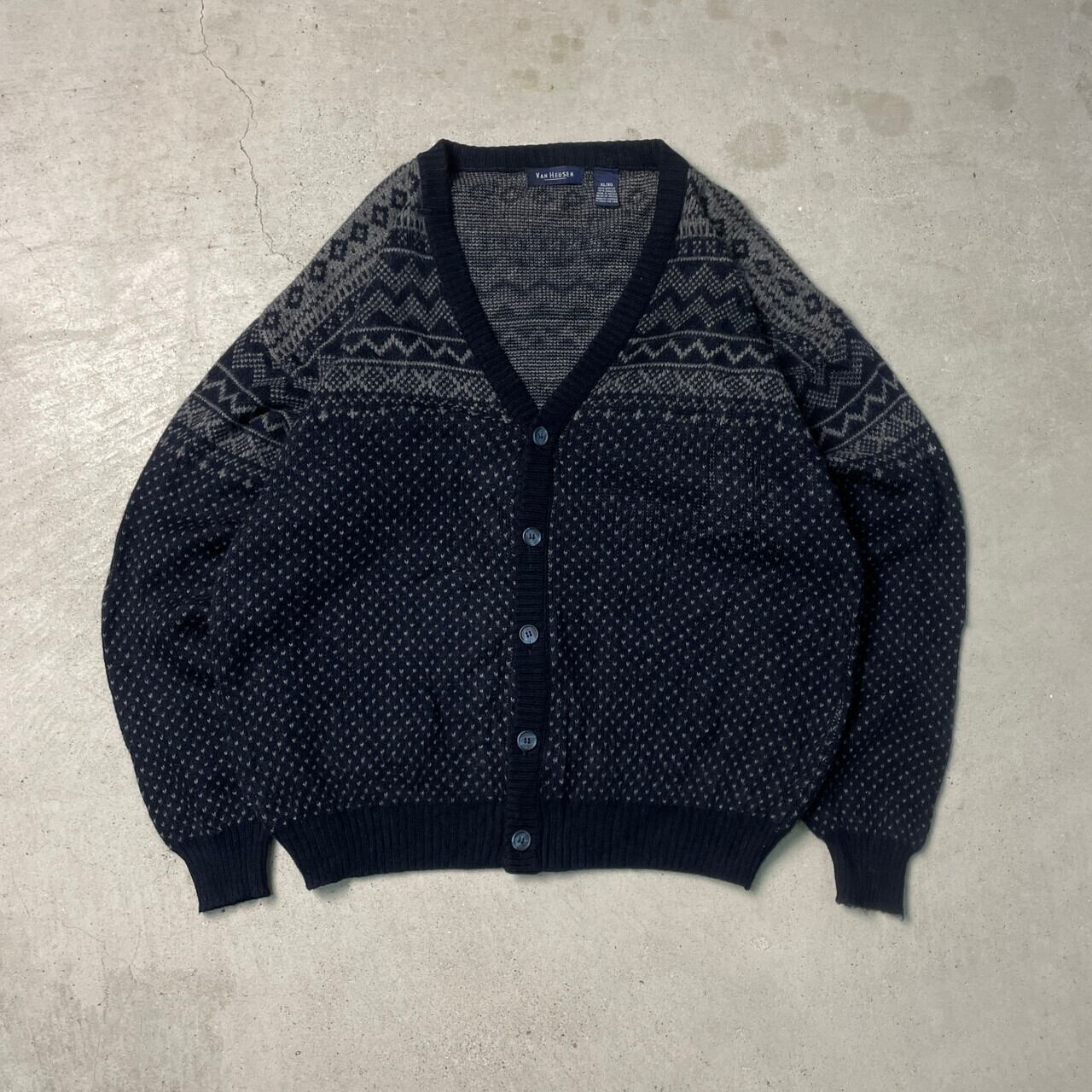 VANHEUSEN バーズアイ アクリルニットカーディガン メンズXL 古着 00s 