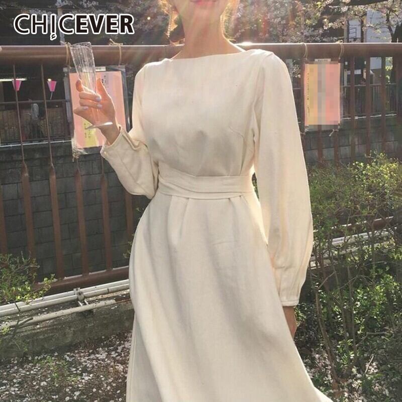 CHICEVERオータムドレスOネック長袖ウエストボウ包帯ホワイトロングドレスレディース2020 リボン 秋物 6base528472353932