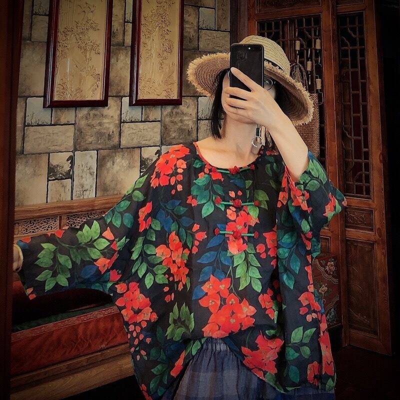 プリントバックルルーズシャツ グリーンレッド薄手 ピュア Yiranxuaディースワード44415418104