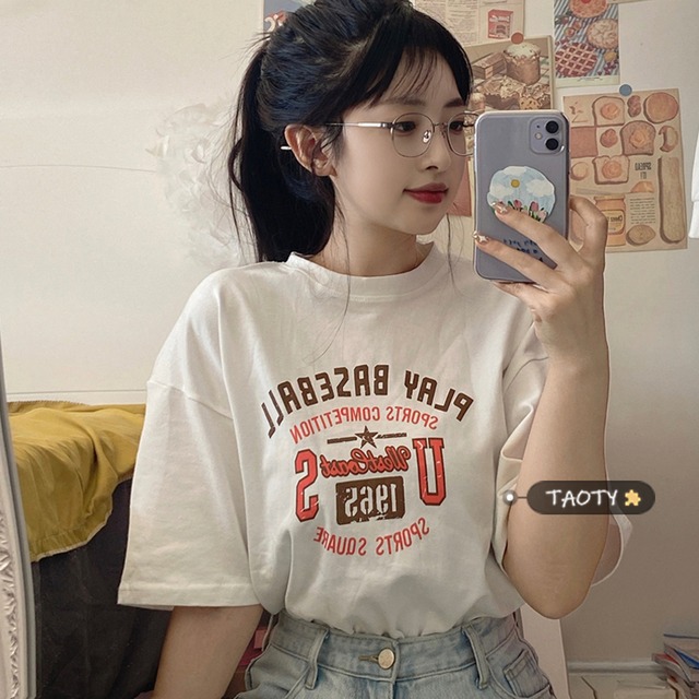 ホワイトTシャツ サマーレッドスタイルルーズ薄手 夏物 タオタオイ16848576144