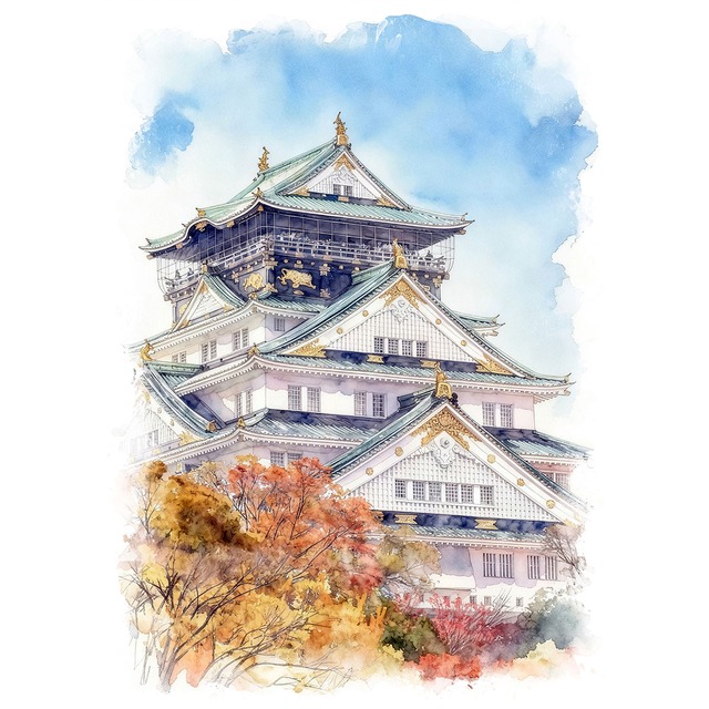 絵画(風景画) 日本 大阪府 秋の大阪城 インテリアアート額付き 水彩画・油絵風 WAT0791