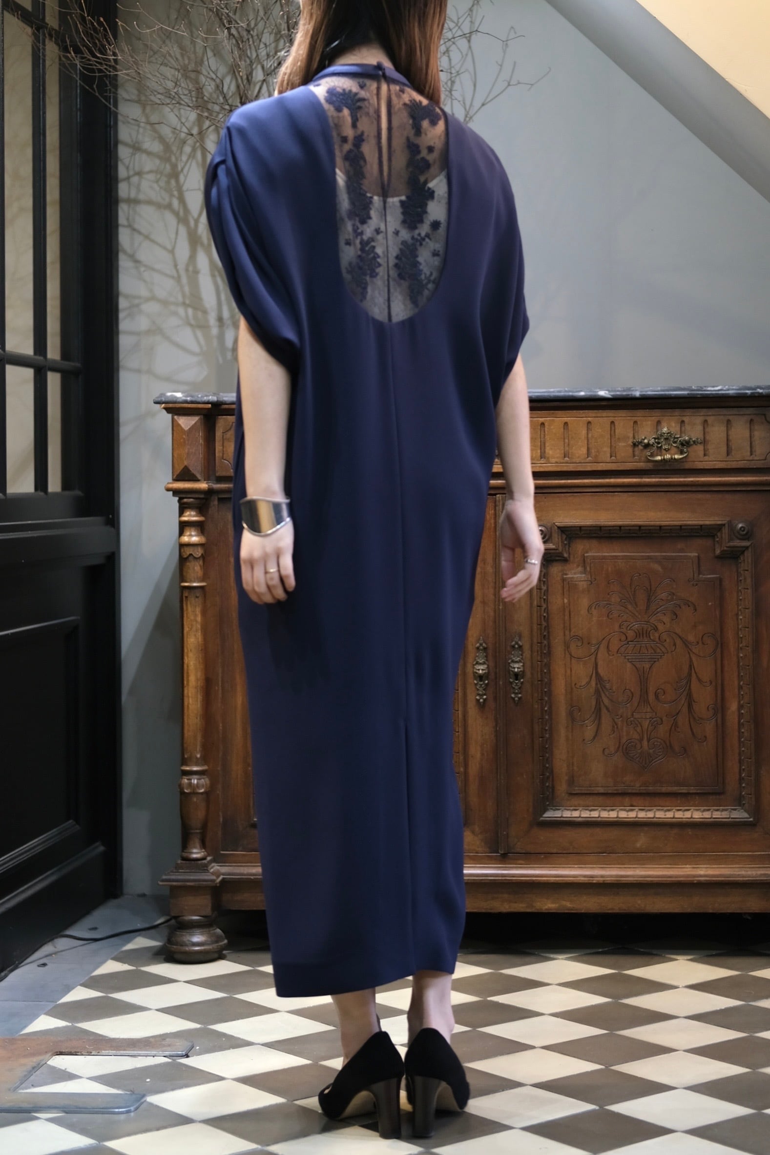 Mame Kurogouchi】Back Satin Crepe Georgette Emboridered Lace