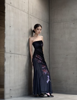 DuJuan Dress /杜鹃花ドレス ツヅチドレス　パーティー ロング ストラップレス マーメイド レース 透け感 シースルー かっこいい フラワー ツヅチ 紫