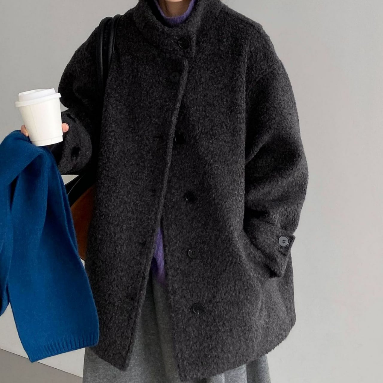 スタンドカラーボアファーミッドコート A01947