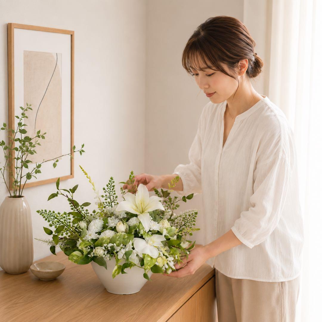光触媒 お供え花 仏花 百合 枯れないお供えアレンジ 水替え不要 初盆