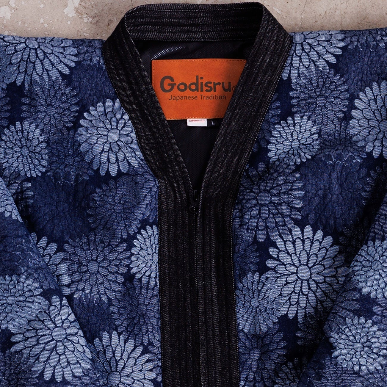寒風寒波上等デニム半纏（ハンテン）菊柄NAVY ジャガード | Godisru