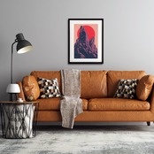 Crimson Peak Flow｜赤い太陽と抽象山岳が描くモダンアートポスター｜有機的ラインが印象的な現代風景画｜A4ポスター