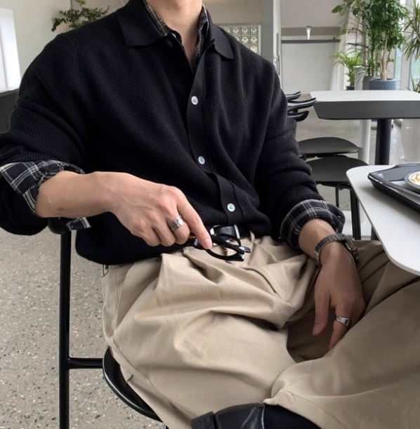 RHC ロンハーマン ポロカラー ニット シャツカーディガン ブラック M L