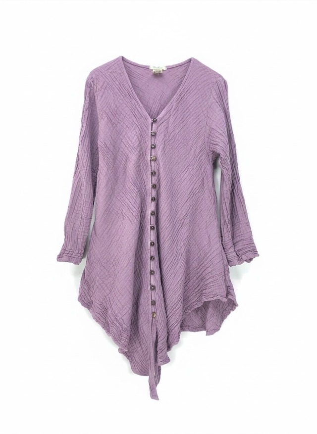 ダブルガーゼ　フロントボタンVネックシャツ長袖　モーブ