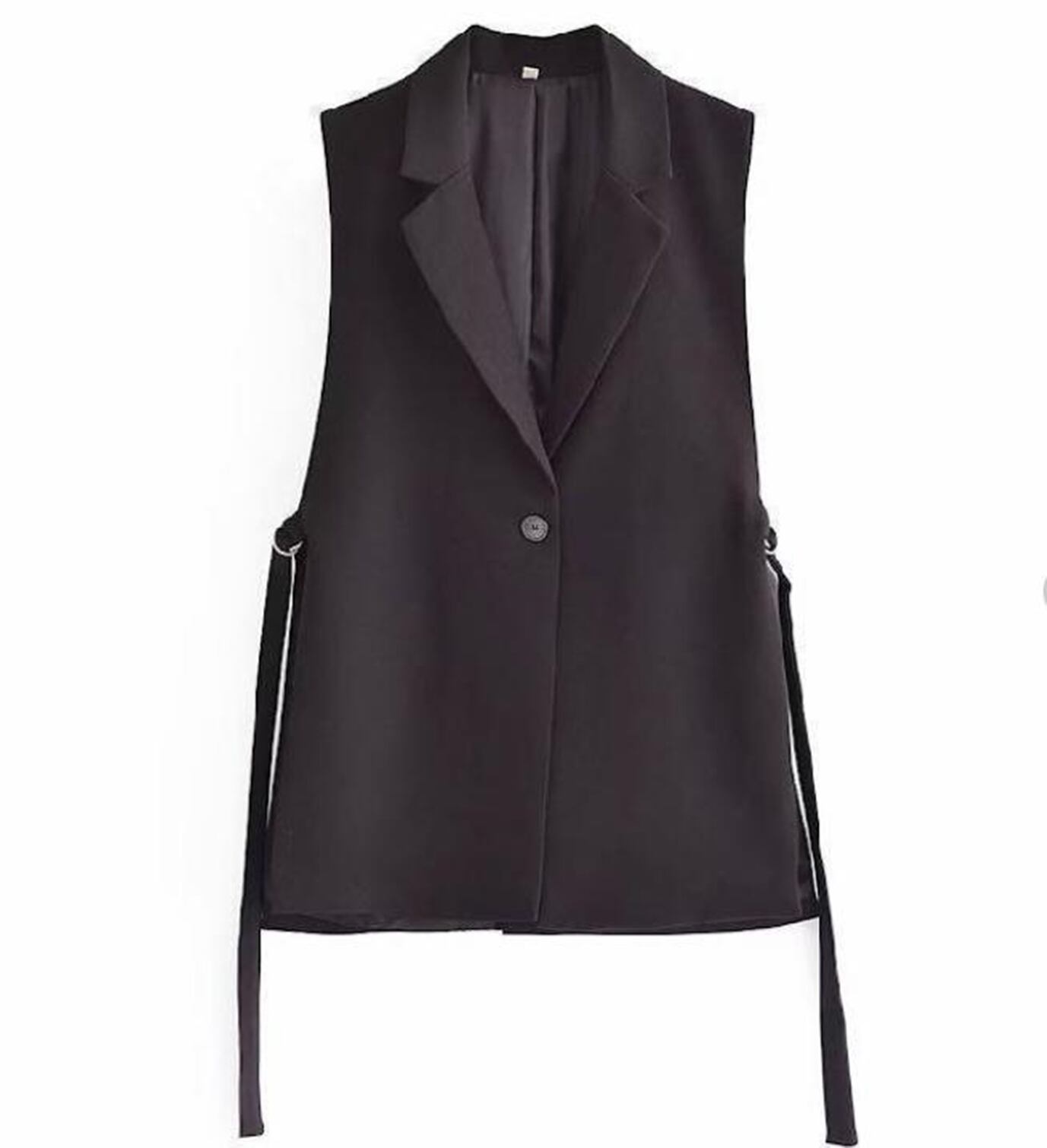 レディースジレベスト薄手ノースリーブ ロングベストコートVネック袖なしアウタースーツ カジュアルフォーマル春秋冬(ブラック)