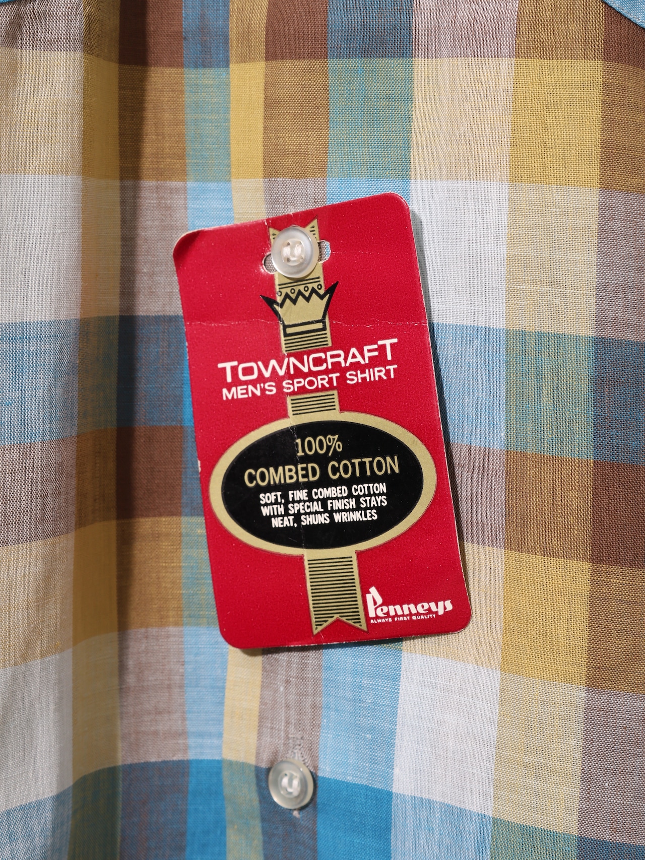 Deadstock M 80s Towncraft 香港製 綿ポリ 長袖チェックシャツ タウンクラフト