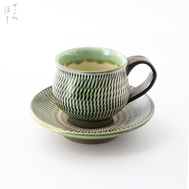 小鹿田焼 小袋窯【コーヒーカップ＆ソーサーセット】飛びかんな 緑 陶器 和食器 民藝