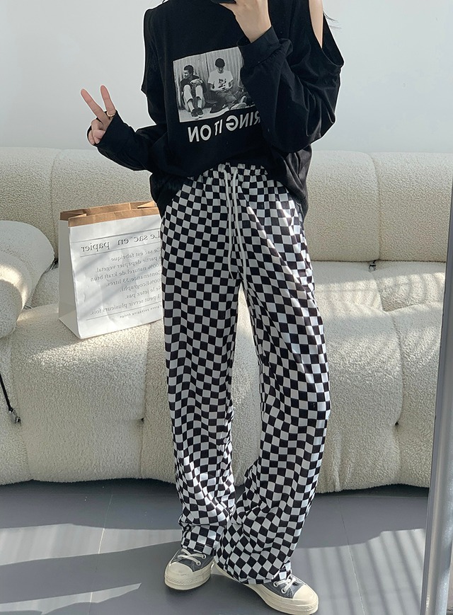 ブラックホワイト格子柄カジュアルパンツ スプリングオータムルーズスタンダード レトロ 春物 秋物 モンロー95894694761