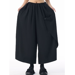 FLAP DESIGN SOLID A-LINE WIDE LEG CROPPED PANTS 2colors M-15279