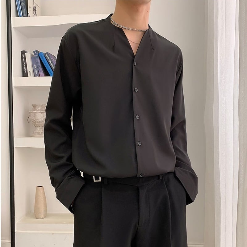 Vネックノーカラーシャツ 3カラー LB0036