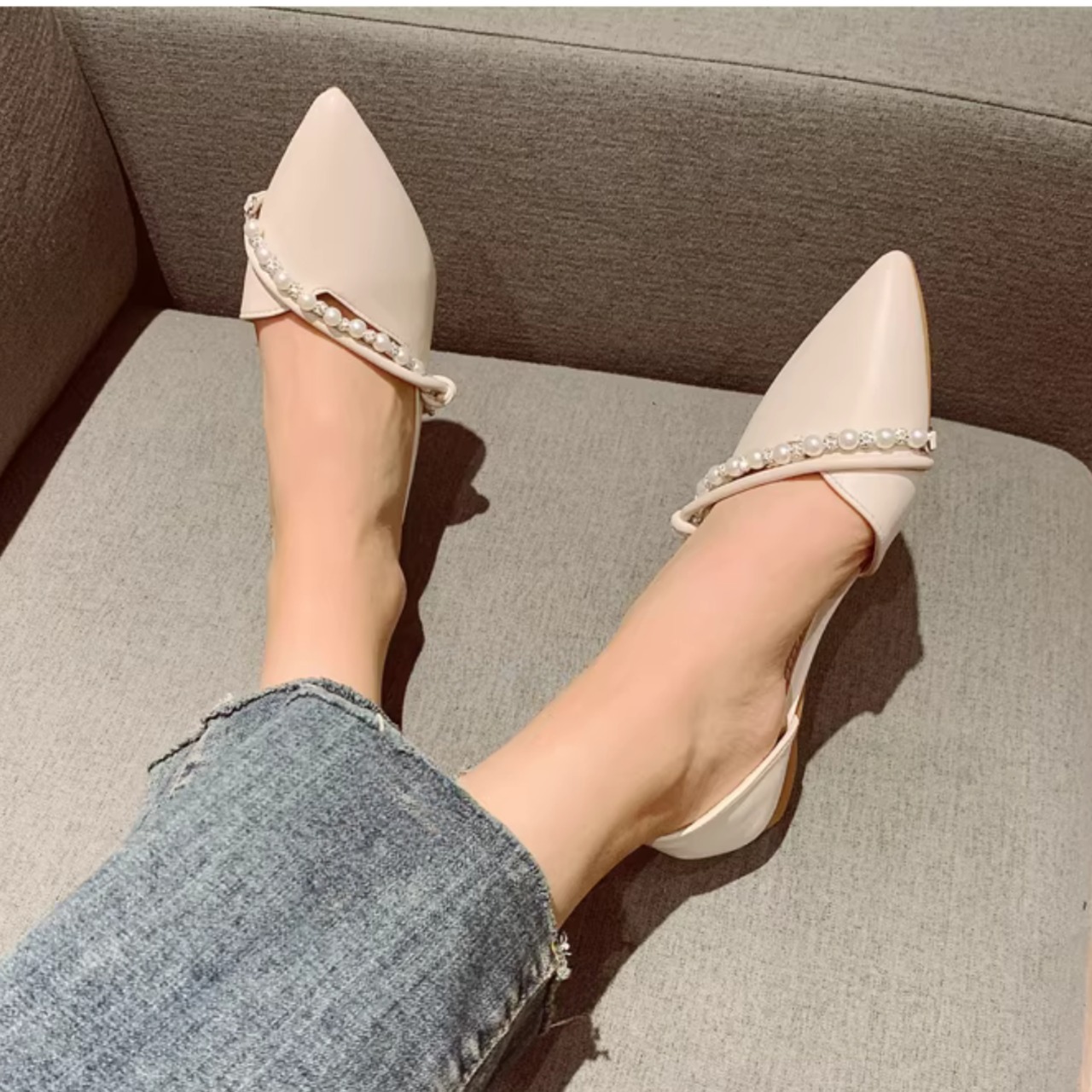 ビジュー付き ポインテッドトゥ フラットパンプス 00185・画像6