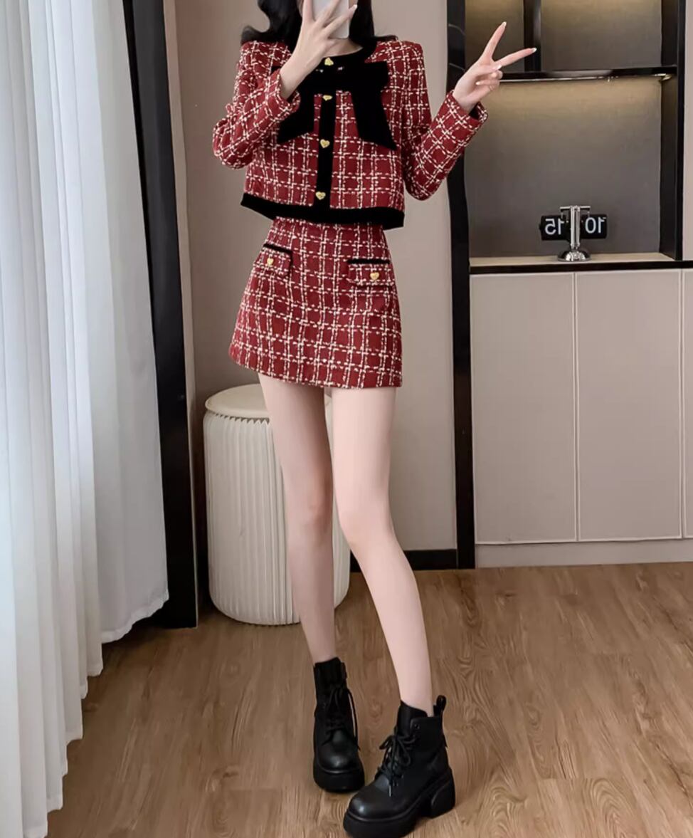 2点セット】配色リボンチェックツイードジャケット＋ミニスカ ・62012  