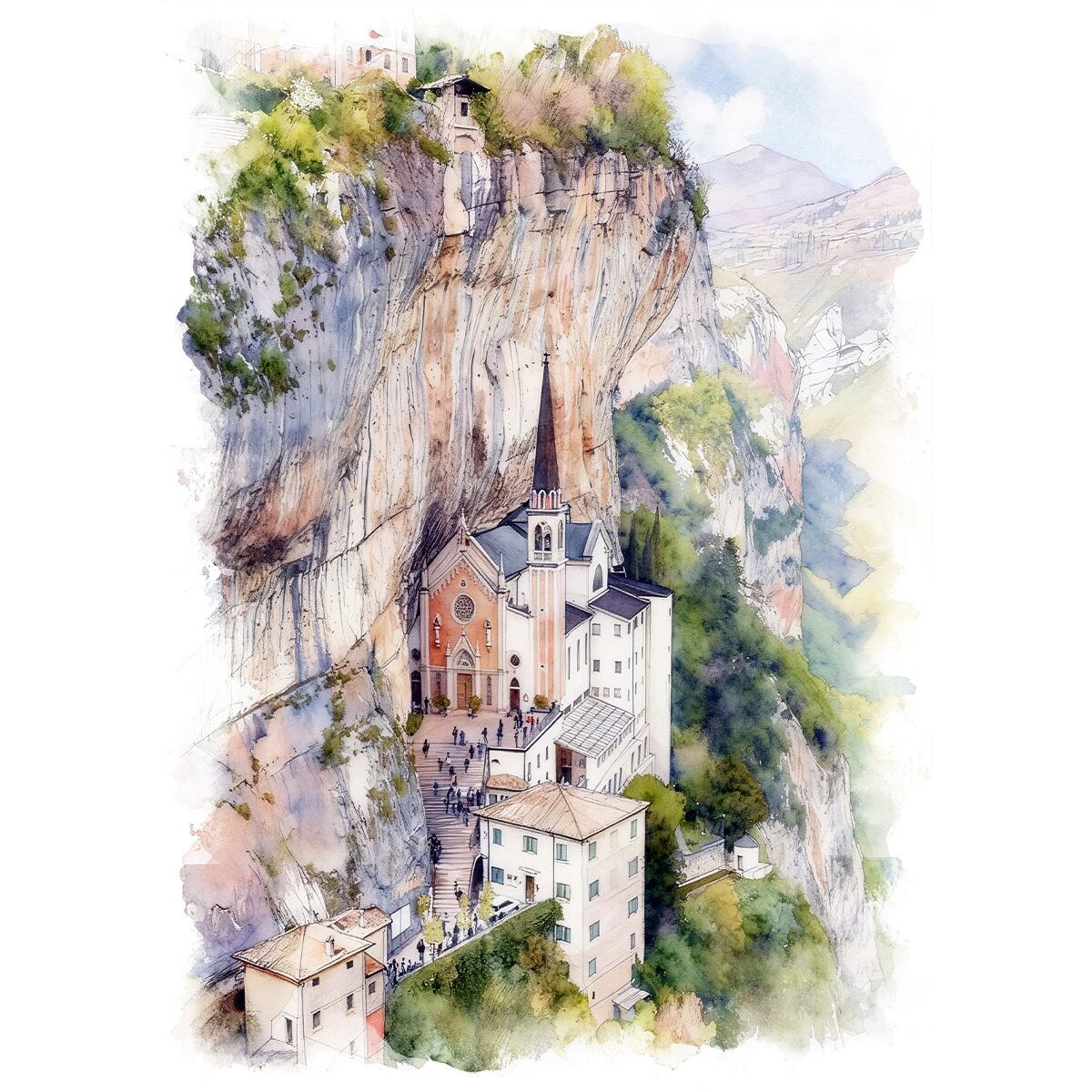 絵画 風景画 イタリア マドンナ・デッラ・コロナ聖堂 インテリアアート額付き 水彩画風 WAT1649