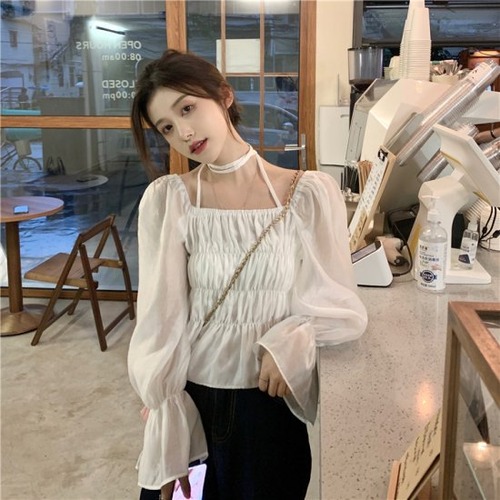 ブラウス レディース カラバリ2色 ホワイト ブルー スクエアネック ウエストマーク 長袖 プルオーバーブラウス 大人 エレガントスタイル 上品 デイリー フレンチスタイル ワンサイズ サイズフリー