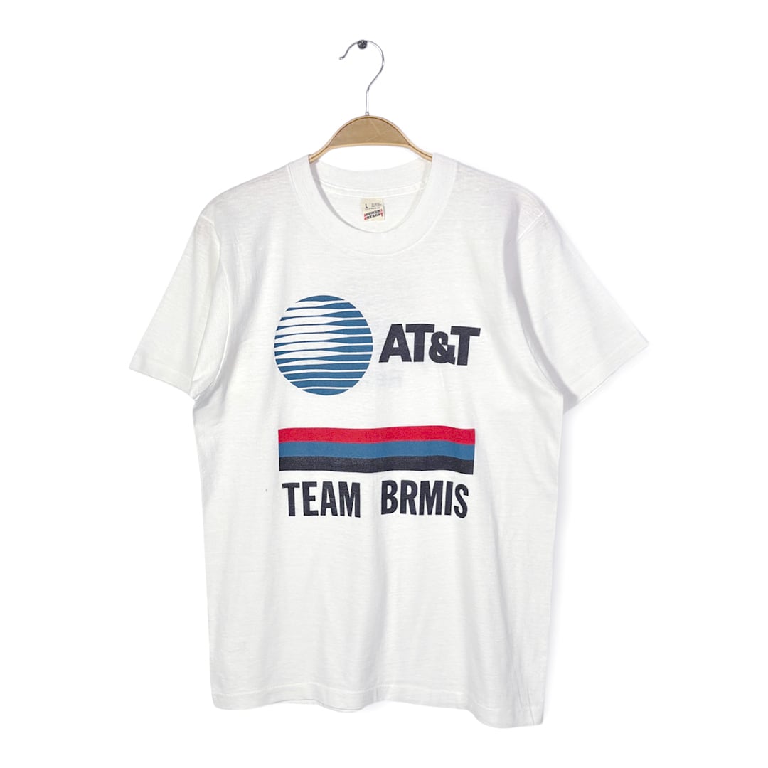 80s AT&T TEAM BRMIS ロス五輪スポンサー USA製 ヴィンテージ Tシャツ 企業ロゴ オリンピック聖火リレー シングルステッチ ホワイト スクリーンスターズ サイズL 古着 BZ0509