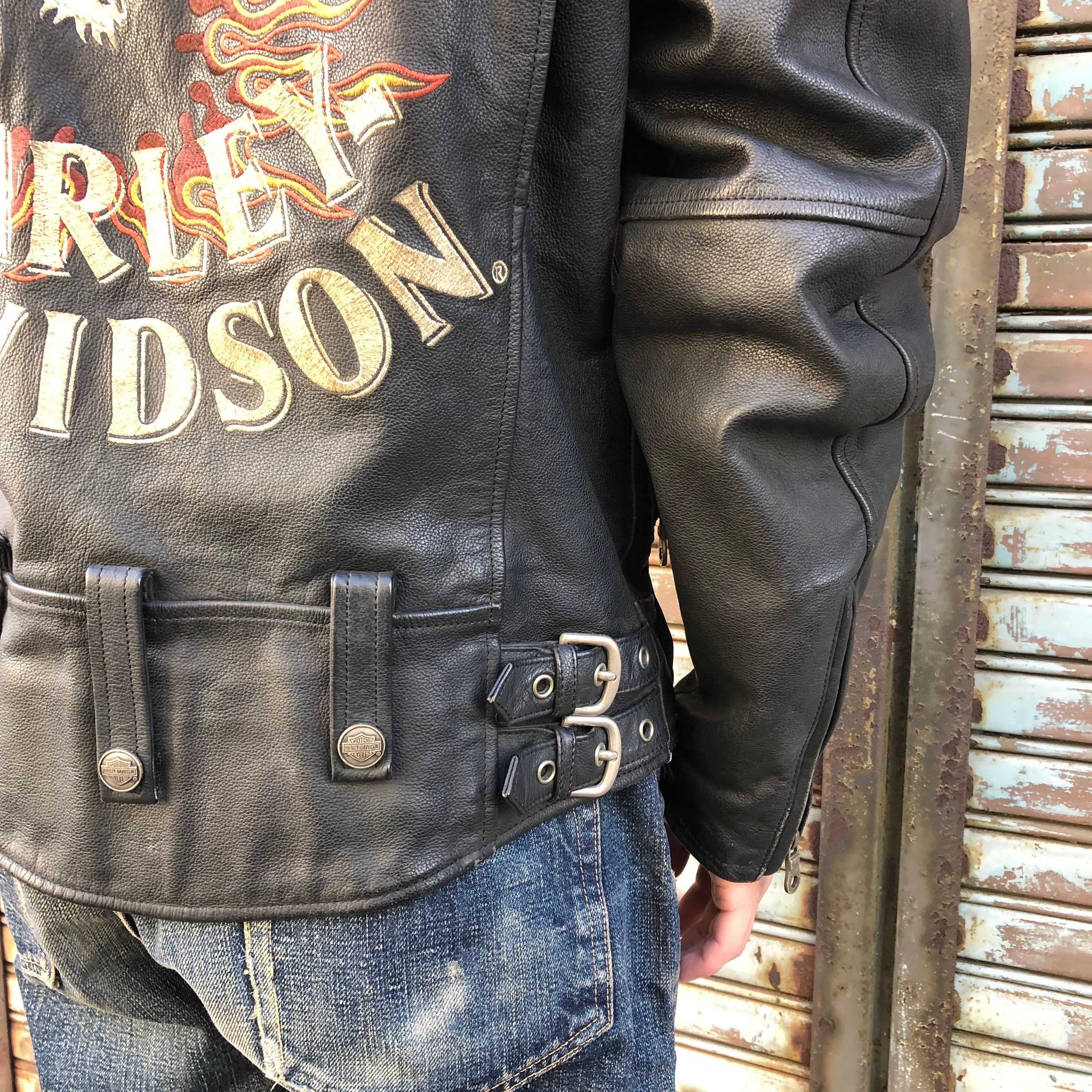 フル刺繍◇HARLEY-DAVIDSON◇オールレザースタジャンメンズMアイボリー 