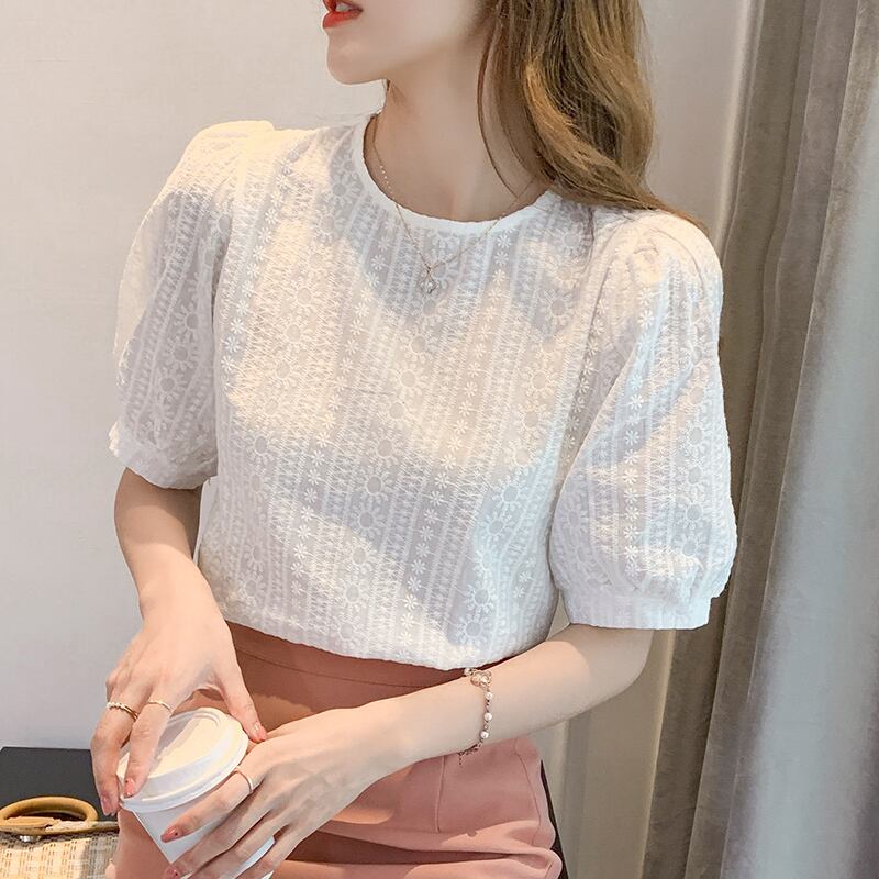 トップス シャツ ブラウス 袖付き 5分袖 襟なし ラウンドネック