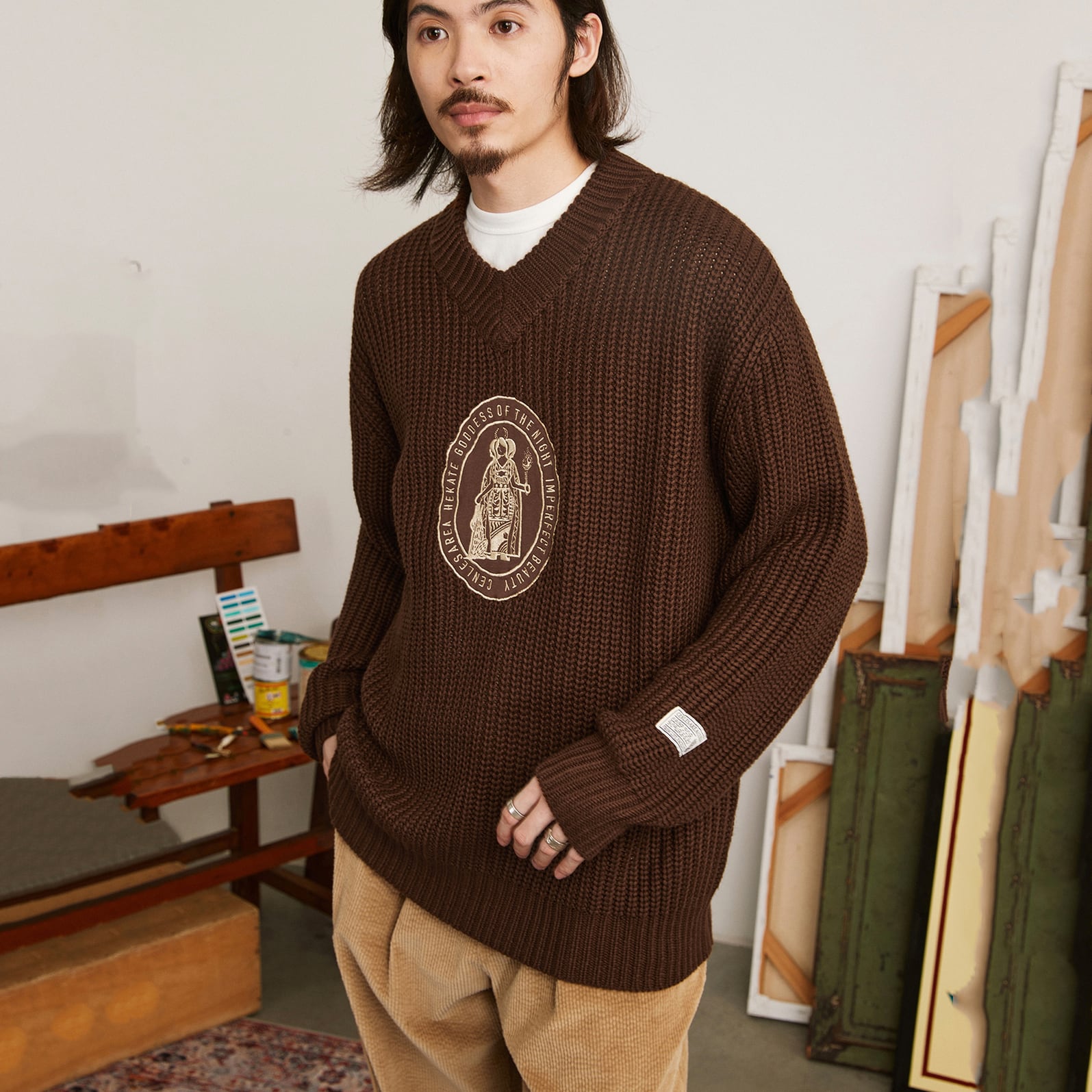 MASONPRINCE オーバーサイズ サイドライン ワンポイントロゴ ニット