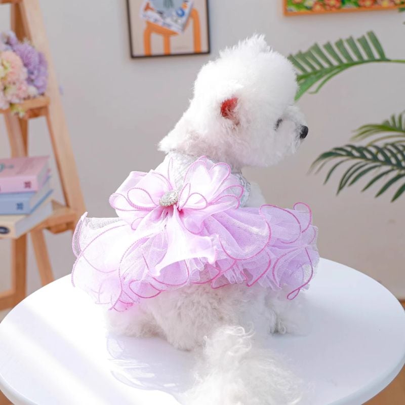 シルバーとラベンダーピンクのチュールドレス 犬服 00976