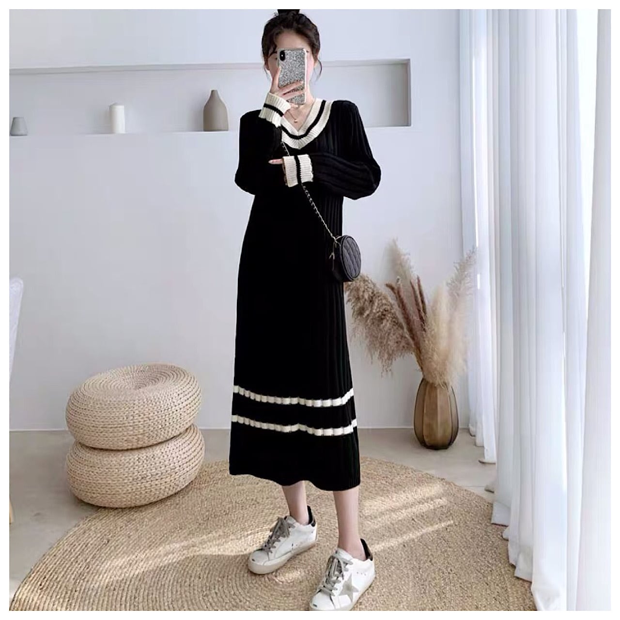 黒ワンピース フォーマル 黒 ワンピース ニットワンピース ロング 秋冬