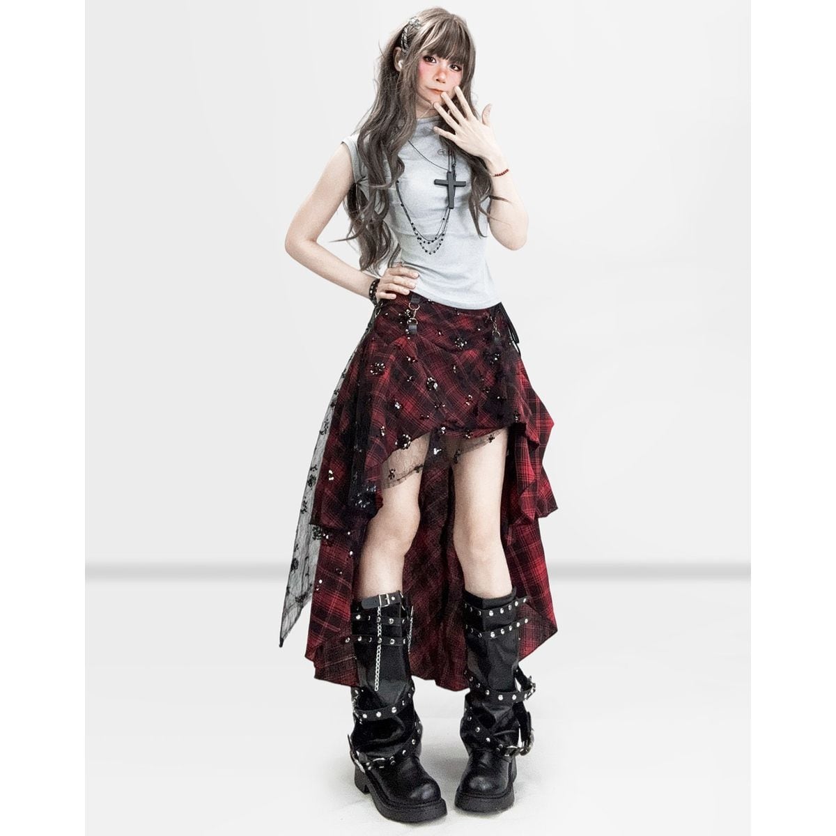 Y2K紅黒チェック2WAY変形ロングスカート | Maiden's Rêve