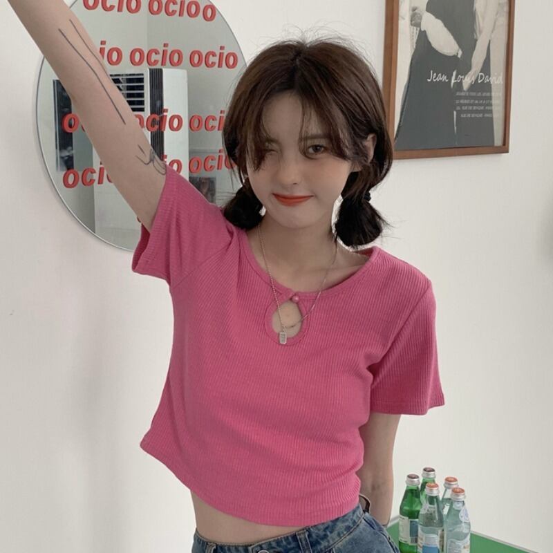 Tシャツ ショートサマースリムハイウェストウェストクロップドトップス ピンク 夏物 YY-ファッション43322784387