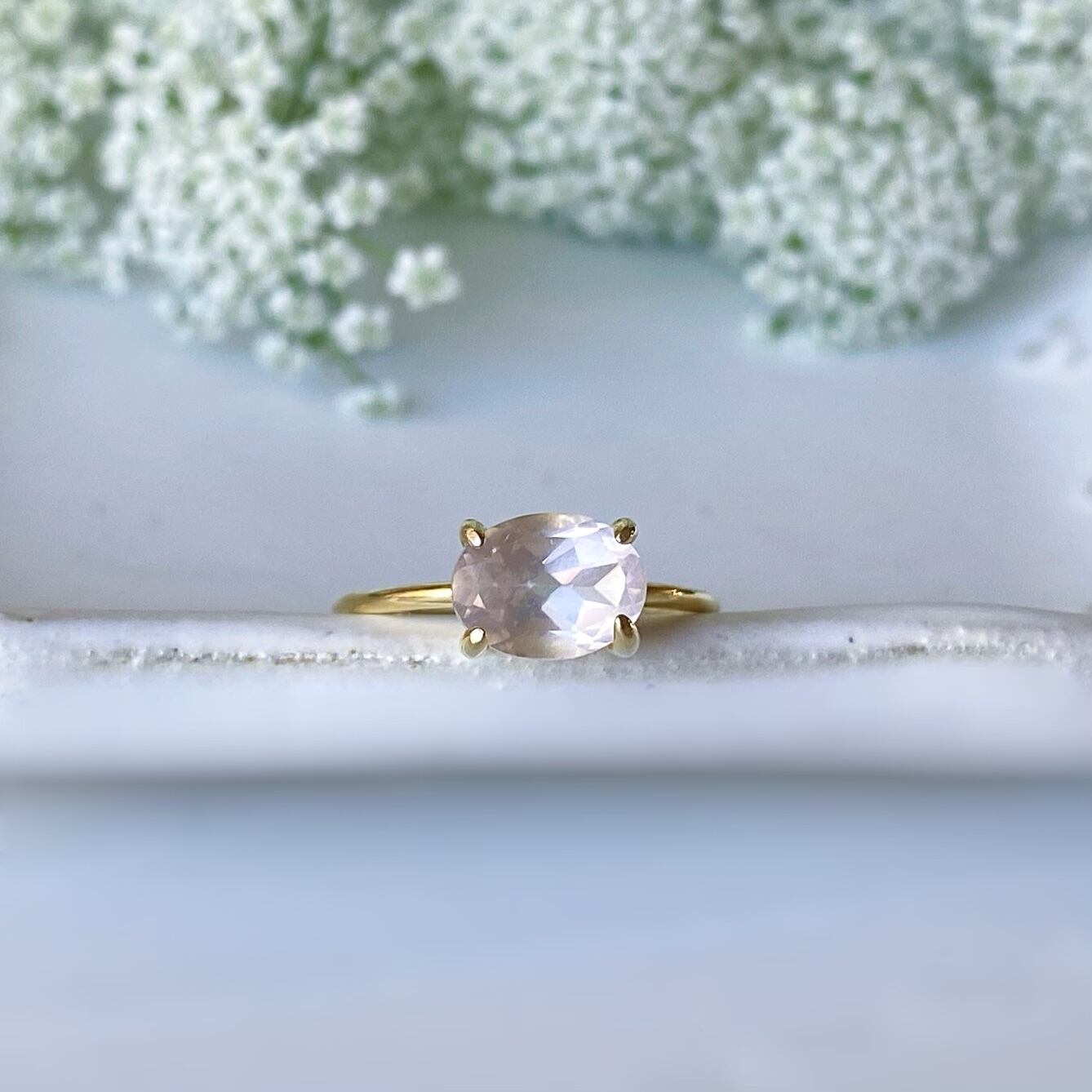 18KGF 大粒ローズクオーツの華奢リング -Thérèse-
