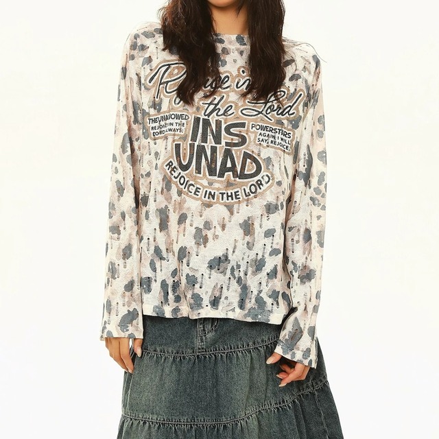 レオパードパターンクラッシュロゴロングスリーブTシャツ 2col R02579