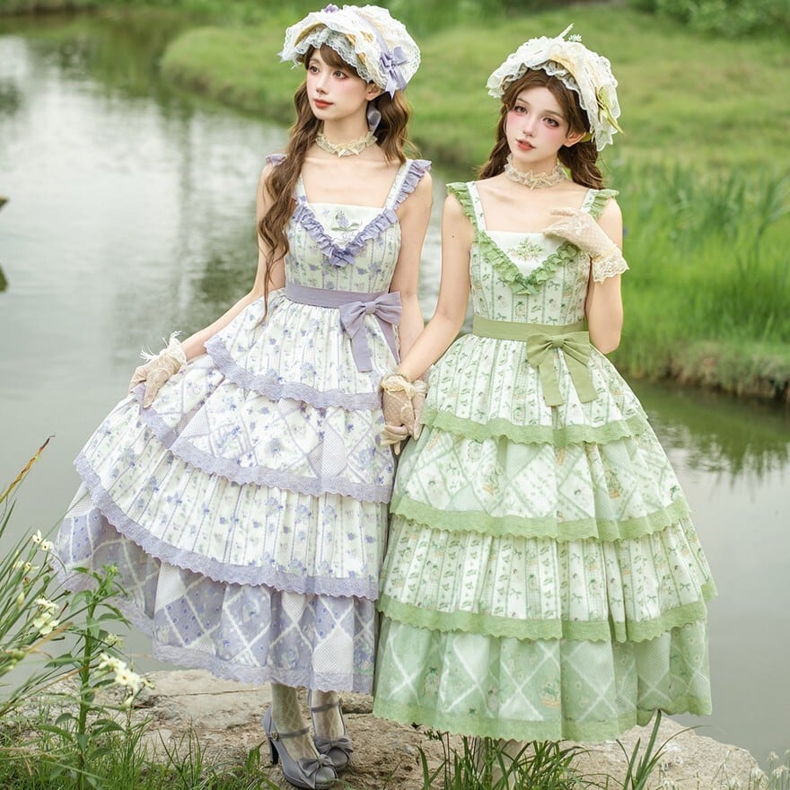 ガーリー系 クラシカルロリータ 花柄ティアードJSKワンピース 5カラー